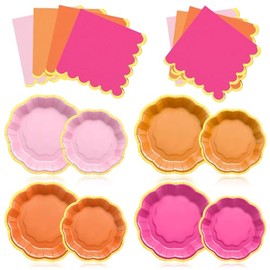 Vesici 60 Pcs Rose Red Pink and Orange Sunset Plates with Napkins 9 Inch 7 Inch Paper Plates Napkins with Gold Foil Border for Tea Birthday Bridal Baby Shower Tequila Sunrise Wedding Party Supply