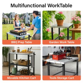 NUUK 3-Shelf Outdoor Dining Table 16" x 24" Rolling Outside Food Prep Movable Kitchen Worktable with Stainless Steel Top and Wheels for Grill Cart