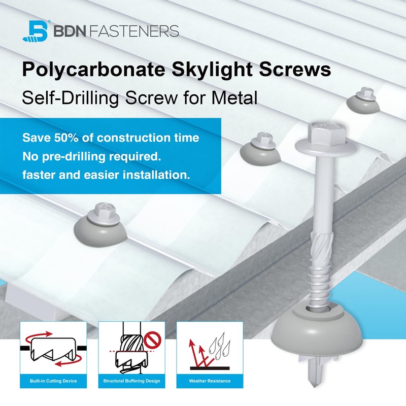 BDN FASTENERS Polycarbonate Skylight Screws #12×2-3/8"(12-14x60mm), Hex Flange Head, Self-Drilling