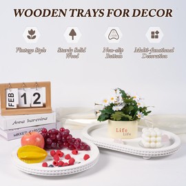 Urban Deco Decorative Trays for Home Decor, Wooden Trays for Coffee Table, White Stripes Tray for Living Room, Kitchen, Farmhouse Centerpiece Decor (2, Oval+Round)
