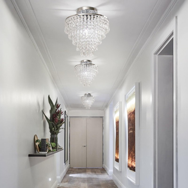 FRIXCHUR 11.8" Crystal Chandelier Chrome Flush Mount Ceiling Light 5
