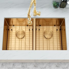 LQS Kitchen Sink Drain Strainer Assembly, Sink Drain Stainless Steel with Removable Deep Waste Basket and Sink Stopper Flat Cover, 3-1/2-inch Golden