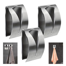 Happyiren 3 Pack Stainless Steel Kitchen Towel Hooks for Shower Wall Bathroom Self Adhesive Dish Towel Holder Hangers for Tea Cabinet Door Rag Grabber (Silver)