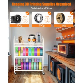 3D Printer Filament Storage Rack- Rolling Filament Spool Holders Racks with Wheels, Heavy Duty Metal Shelf for PLA/ABS/TPU/Nylon, Filaments Organzied for 3D Printing Studio, Office Workshop (White)