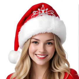 Domkier Christmas Red Santa Hat with Crown Decor Long Plush Hats Christmas Costume New Year Festive Holiday Party Supplies (Red)