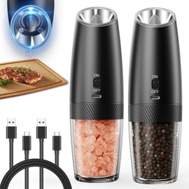 Upgraded Gravity Electric Salt and Pepper Grinder Set - Anti-Spill Design, USB Rechargeable, Adjustable Coarseness, Automatic Pepper and Salt Mills, One Hand Operation for Kitchen & BBQ, 2-Pack