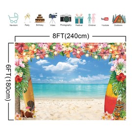 LIVUCEE 8x6ft Summer Hawaiian Beach Backdrop for Photography Tropical Flower Luau Aloha Backdrop Blue Sky Ocean Palm Leaves Background Birthday Hawaiian Party Decorations Supplies Photoshoot