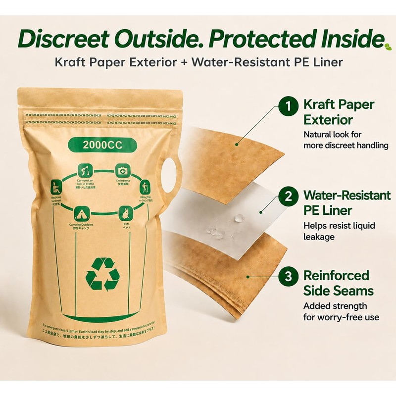 Disposable Vomit Bags, 2000cc Dual-Zip Kraft Paper, 6 Pack