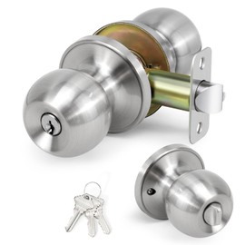 LOQRON Ball Door Knob Entry Function Door Knob, Keyed Entry Door Knob with Lock, Round Ball Handle for Front Door Right and Left Side, Satin Nickel,1Pack