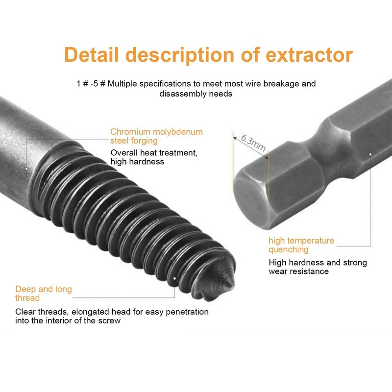 KSOPUERT Hex Shank Broken Screw Extractor Kit 6Pcs Reverse Thread