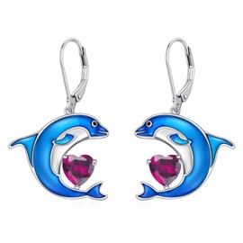 LONAGO Dolphin Earrings for Women 925 Sterling Silver Blue Dolphin with Birthstone Drop Pendant Earrings, Sterling Silver, Cubic Zirconia