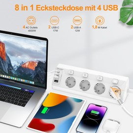 Ecksteckdose mit 2 USB C und 2 USB A, 4 Fach Steckdosenleiste Einzeln Schaltbar Mehrfachsteckdose Wandmontage 4000W 16A Mehrfachstecker Küche Steckerleiste, 1,8M Kabel Weiß