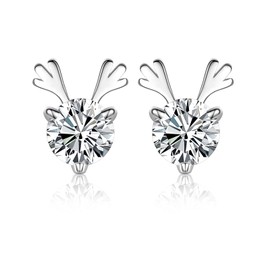 Christmas Reindeer Earrings Gifts for Women 925 Sterling Silver Small Deer Antler Studs Earrings Tiny Cubic Zirconia Hypoallergenic CZ Piercing Cartilage Jewelry Xmas Birthday Gifts for Teens 4mm