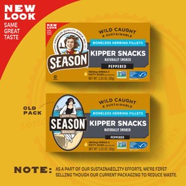 Season Peppered Kipper Snacks - Boneless Herring Fillets, Naturally Smoked Fish, Wild Caught, Keto Snacks, Certified Sustainable Seafood, Non-GMO, 18g of Protein, 1800mg of Omega-3-3.25 Oz, 12-Pack