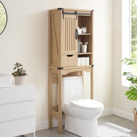 Minifeel Over The Toilet Storage Cabinet, Farmhouse Storage Cabinet with Adjustable Shelves and Sliding Barn Door, Free Standing Over Toilet Bathroom Organizer (Natural Oak)