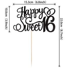 1 x Tortenaufsatz "Happy Sweet 40.6 cm, glitzernd, 16. Geburtstag, Kuchendekoration für 16. Geburtstag, Party-Dekorationen, Zubehör, Schwarz