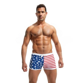 PINKY SENSON Men's Square Leg Fourth of July Swim Trunks Adjustable Drawstring American Flag Swimwear Jammers Stars XL