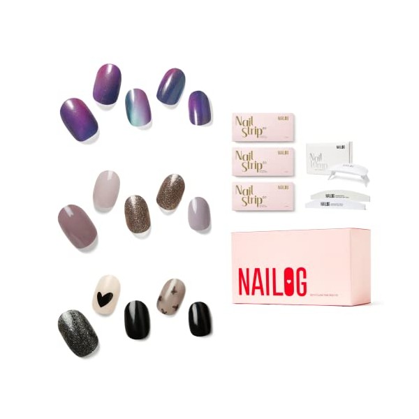 NAILOG Semi Cured Gel Nail Strip Kit (Including 60Pcs Nail Stickers, 1 UV Lamp and 2 Nail Files) Long Lasting Gel Nail Wraps Gift Kit. Made to Love Set | Aurora, Purple, Gray, Black, Made to Love