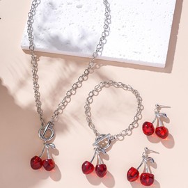 Auriselle Women's Jewellery Set Black Cherry Necklace Earrings Bracelet 3 Pieces Women Acrylic Jewellery Wedding Gifts for Ladies, Black/Red, Acrylic