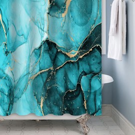 ChloropLastid Teal Marble Shower Curtains Abstract Ink Art Painting Shower Curtain Sets Jade Green Blue Odd Gold Elegant Texture Luxury Striped Modern Granite Bathroom Curtain 72x72 in with 12 Hooks