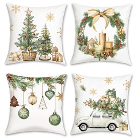 Bonhause Christmas Cushion Covers 45 x 45 cm Xmas Trees Balls Pine Leaves Cones Truck Decorative Throw Pillow Covers for Sofa Couch Bed Home Winter Holiday Decor Set of 4