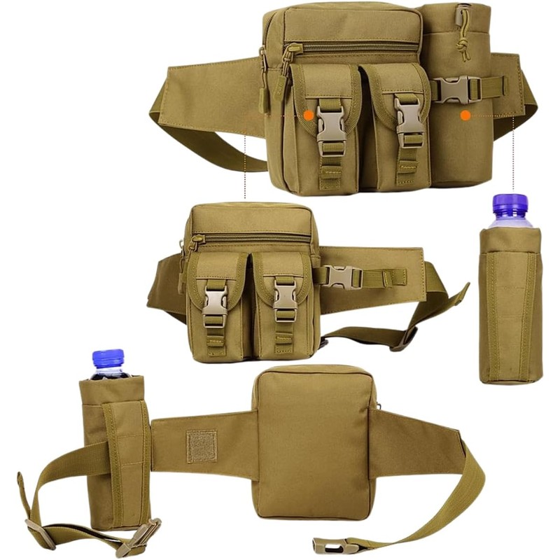 Mochila Cangurera Táctica Militar Caqui para Cintura con Porta Botella,