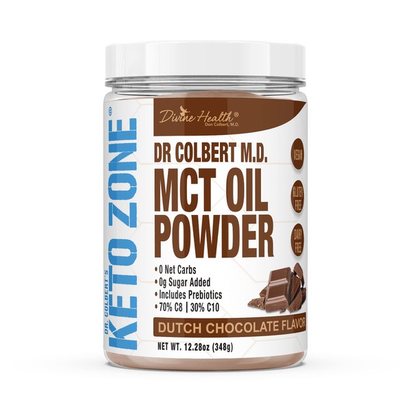 Divine Health Dr. Colbert's Keto Zone MCT Oil Powder | Dutch Chocolate Flavor | 70% C8 | 30% C10 | All Natural Keto Approved for Ketosis | 0 Net Carbs | Gluten Free | 30 Day Supply | 348g |