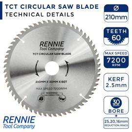 Rennie Tools - 210mm x 30mm x 60T TCT Circular Wood Saw Blade Includes 25mm 20mm & 16mm Bore Reduction Rings. Compatible with Festool Bosch Makita Dewalt Circular Saw Etc, Fits 216mm circular saws.