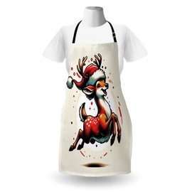 Ambesonne Christmas Apron Pack of 2, Happy Santa Deer in Retro Style Vintage Xmas Animal Character, Unisex Kitchen Bib with Adjustable Neck, 2 Pcs - Adult Size, Orange Vermilion and Ivory