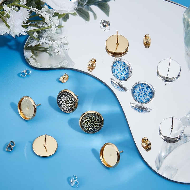 Beebeecraft 1 Box 60Pcs Cabochon Stud Earring Blanks 18K Gold