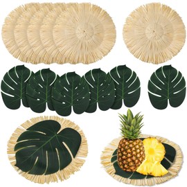 Sunnychicc 12pcs Luau Placemats and Palm Placemat, Round Luau Fringe Place Mats Tropical Palm Leaf Place Mats Bulk Summer Hawaiian Plate Chargers Table Placemats Tropical Party Supplies