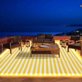 Reversible Mats with Led Strip Lights,9 x 18 FT Plastic Straw Rug with Led Strip Lights, Striped Outdoor Rug Area Rug, Large Floor Mat for Indoor Outdoors, Patio, Backyard, Deck, Picnic, RV Camping