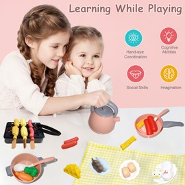 Kids Kitchen Toy Accessories, 61PCS Toddler Pretend Cooking Play Pots, Kitchen Playset, Play Pots, Pans, Utensils Cookware Toys, Play Food Set, Vegetables, Learning Gift for Girls Boys (Pink)