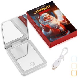 Shellwei Pocket Mirror Christmas Stocking Stuffers for Women White Elephant Gifts Rechargeable Travel Makeup Mirror 1X/ 2X LED Makeup Mirror Small 3 Color Lighting Dimmable Touch Screen(White)