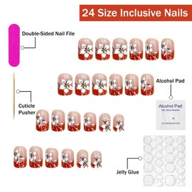 Press on Nails Extra Short Square SWEKKE Orange French Tip False Nails with White Floral Designs Full Cover Glossy Glue on Nails Spring Summer Flower Acrylic Nails for Women Girls 24 Pcs