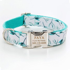 PETDURO Collar para Perro Personalizado con Estampado de Hojas Cian Suaves, Nombre y Teléfono Grabados, Ideal para Perros Medianos y Grandes....      