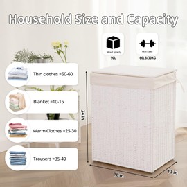 OIAHOMY Laundry Hamper with Lid, 23.8 Gal (90L) Wicker Hamper with Removable Liner Bags, Handwoven Clothes Basket with Handles, Foldable Woven Paper Rope Basket for Laundry Room, Bedroom-White