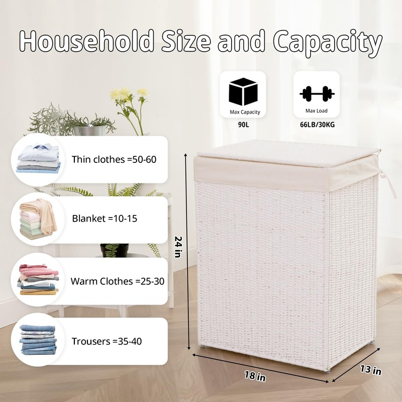OIAHOMY Laundry Hamper with Lid, 23.8 Gal (90L) Wicker Hamper