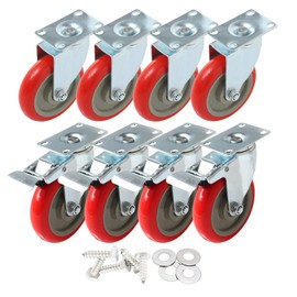 8 Pack 5 Inch Combo Caster Swivel Plate 4 w/Brake & 4 Plate Heavy Duty on Red PU Wheels with Heavy Duty Screws