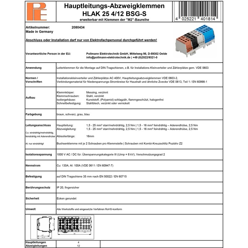 Pollmann Main Cable Junction Terminal HLAK 25-4/12 BSG-S, Pack of
