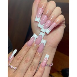 Bellelfin 120Pcs Long Press on Nails Square Nude French Fake Nails, Glossy Long False Nails Press Ons Acrylic Stick on Nails for Women Girls Fingernails Design