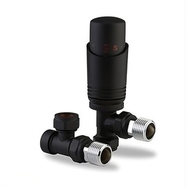 Team Controls Matt Black Angled Thermostatic TRV Radiator Valve & Lockshield 15mm x 1/2" Pack