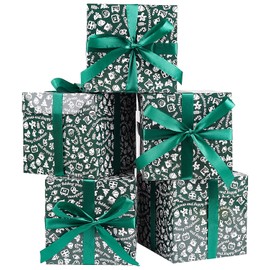 Jaywayang 5 Pack Green Christmas Gift Boxes with Lids, Ribbons and Tissue Papers Square Gift Boxes - 7.1 Inch - Presents Wrapping Christmas Gift Holiday New Year Party Favor Boxes.