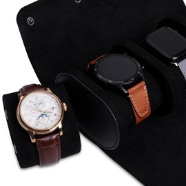 RoYiio 3 Slots Cylindrical Watch Box, Watch Roll Travel Bag, Vintage Watch Case for Men Women - Black Upgrade Version