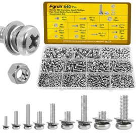 Fgruh 640PCS Machine Screws Assortment Kit,304 Stainless Steel Nuts and Bolts Assorted Set, M2 M2.5 M3 M4 M5 Metric Combination Screw with Fixed Washers (All-in-One Design)