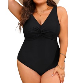 Aqua Eve Women Plus Size One Piece Swimsuits V Neck Tummy Control Bathing Suits Front Cross Swimwear, Black, 20 Plus