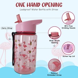 HYDRATE 2.ONE Children's Water Bottles for Boys and Girls with Cleaning Brushes, 400 ml Flamingo Water Bottle, 100% Leak-Proof, BPA-Free, Flip Nozzle Water Bottles with Straw for Hot and