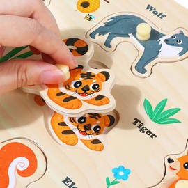 GRINNNIE Wooden Toddler Puzzles, Set of 5 - Number, Alphabet, Shape, Wild and Sea Animal, Montessori Learning Educational Peg Puzzle Toy for Kids Age 3 4 5, Christmas Birthday Gifts for Girls Boys
