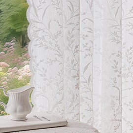 Anmao Vintage Lace Curtains 80 Inches Long 2 Panels Set, Romantic Elegant Light Filtering Semi Sheer Floral Thick Lacy Curtain Drapes for Living Room and Bedroom, Each Panel 55W x 80L, White Leaves