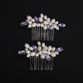 BERYUAN Purple Rhinestone Pearls Wedding Hair Comb Pearls Bridal Wedding Headpiece Dainty Pearls Hair Comb Pearls Hair Side Comb Crystal Wedding Comb for Women Girls(2pcs) (purple)